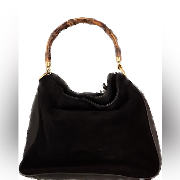 Gucci Italy 2-Way, Black Suede and Leather with Bamboo handle Handbag - Picture 1 of 8